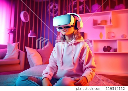 A young girl in her pink room embraces the future with a wireless VR headset 119514132