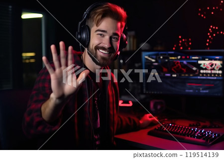 Smiling professional computer games streamer greets his followers on the stream. Generative AI Smiling professional computer games streamer greets his followers on the stream. Generative AI 119514139