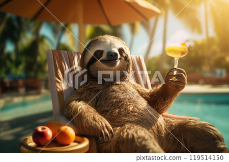 A funny sloth relaxes on a lounge chair by the pool. Generative AI 119514150