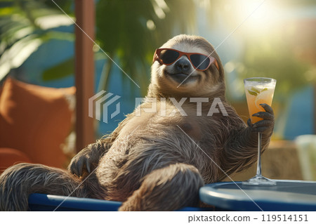 Pleased sloth in sunglasses, relaxing at a luxurious resort. Generative AI 119514151