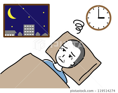 An elderly man unable to sleep late at night, troubled in bed (night sky and cityscape outside the window) An elderly man unable to sleep late at night, troubled in bed (night sky and cityscape outside the window) 119514274