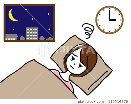 深夜睡不著，在被窩裡憂心忡忡的女人（窗外的夜空和街景） 119514276