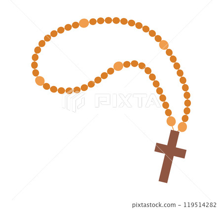 Vector rosary in cartoon style. Rosary for prayer and reflection on God of Christians. Sacred attribute for Catholics and Orthodox. Wooden bowline with a cross on a white background. Vector rosary in cartoon style. Rosary for prayer and reflection on God of Christians. Sacred attribute for Catholics and Orthodox. Wooden bowline with a cross on a white background. 119514282