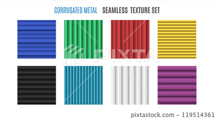 Corrugated metal background different colors and patterns vector set, profiled and striped waves surface lines texture 119514361