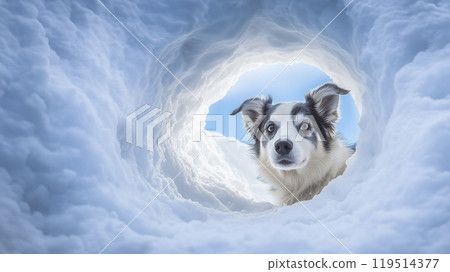 一隻狗好奇地看著雪地隧道 119514377