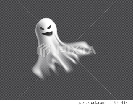 Realistic white ghost flying, vector cartoon angry phantom, dead soul, Halloween spooky monster, mystic scary spirit 119514381