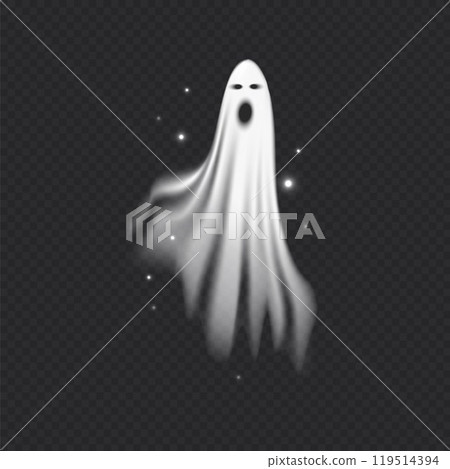 Realistic white ghost flying, sparkles, vector cartoon angry phantom, dead soul, Halloween spooky monster, scary spirit Realistic white ghost flying, sparkles, vector cartoon angry phantom, dead soul, Halloween spooky monster, scary spirit 119514394