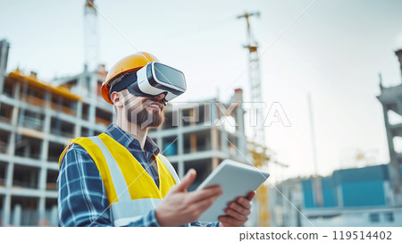 Construction site supervisor using AR goggles 119514402