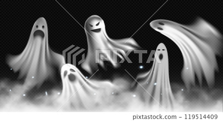 Set of vector realistic ghosts flying in fog, mystic glittered smoke with spooky spirit monster creatures, scary phantom 119514409