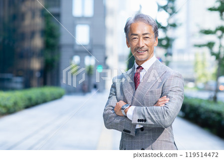 Senior businessman with his arms folded in an office district Senior businessman with his arms folded in an office district 119514472
