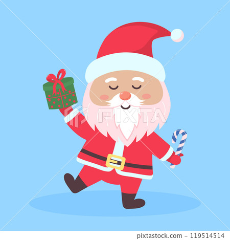 Santa Claus holding candy cane and gift box. Cute Santa Claus character isolated on blue background. 119514514