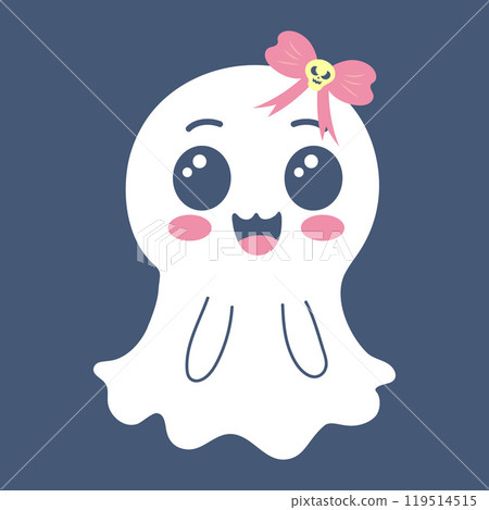 Cute girl ghost with bow. Spooky funny Halloween character. Vector flat hand drawn illustration. 119514515