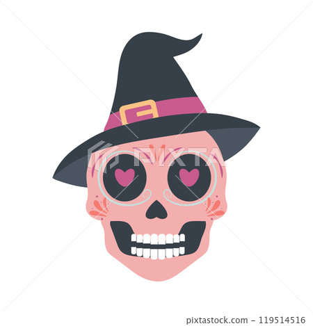 Halloween skull in hat. Mexican skeleton isolated on white background. Day of the dead. Dia muertos dead spooky skull. 119514516