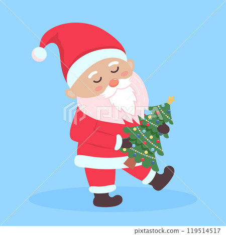 Santa Claus walking and holding christmas tree. Cute Santa Claus character isolated on blue background. 119514517