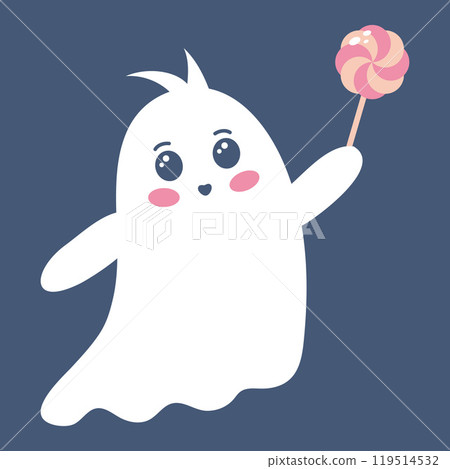 Cute ghost with lollipop. Spooky funny Halloween character. Vector flat hand drawn illustration. Cute ghost with lollipop. Spooky funny Halloween character. Vector flat hand drawn illustration. 119514532