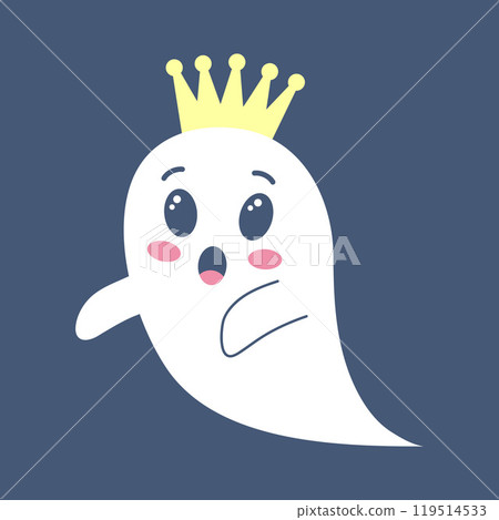 Cute ghost with crown. Spooky funny Halloween character. Vector flat hand drawn illustration. Cute ghost with crown. Spooky funny Halloween character. Vector flat hand drawn illustration. 119514533