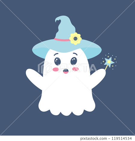Cute ghost in hat with magic wand. Spooky funny Halloween character. Vector flat hand drawn illustration. Cute ghost in hat with magic wand. Spooky funny Halloween character. Vector flat hand drawn illustration. 119514534