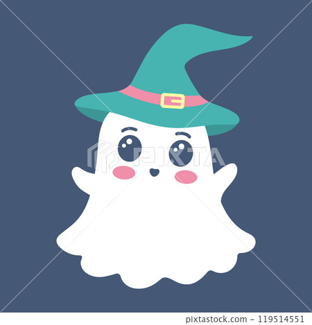 Cute ghost in hat. Spooky funny Halloween character. Vector flat hand drawn illustration. 119514551