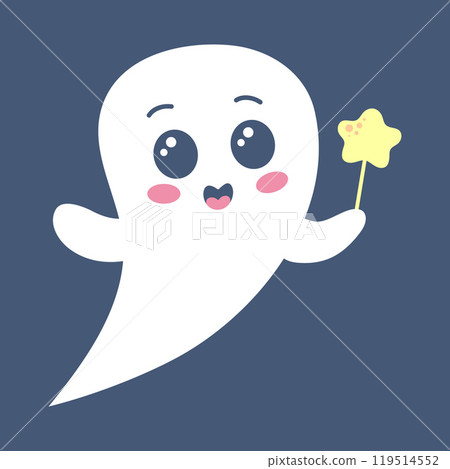Cute ghost with star lollipop. Spooky funny Halloween character. Vector flat hand drawn illustration. 119514552