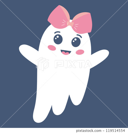 Cute girl ghost with bow. Spooky funny Halloween character. Vector flat hand drawn illustration. 119514554