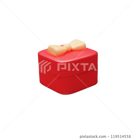 Closed red gift jewelry box decorated with bow 3D vector illustration, small package square shape for jewellery present Closed red gift jewelry box decorated with bow 3D vector illustration, small package square shape for jewellery present 119514558