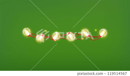 3D electric garland with glowing yellow light bulbs on red wire, vector holiday decoration for Christmas, New Year event 3D electric garland with glowing yellow light bulbs on red wire, vector holiday decoration for Christmas, New Year event 119514567