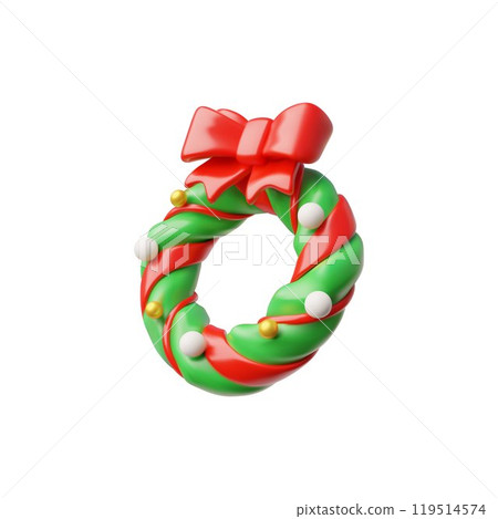 Christmas wreath 3D cartoon plastic style vector icon, green fir wreath decorated with red ribbon bow and festive balls 119514574