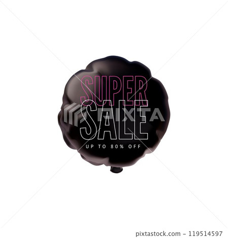3D black inflated balloon with text Super sale and 80 off vector design, Black Friday discount special offer symbol 119514597