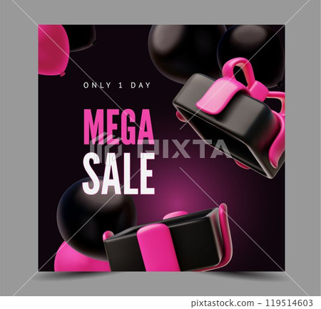3D inflated balloon open black gift box with pink bow and balloon on vector poster, Black Friday Mega sale special offer 119514603