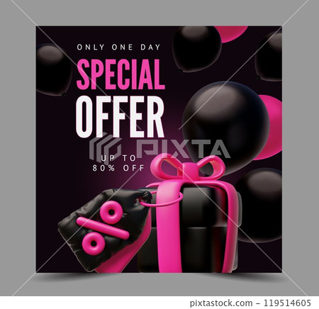 Vector 3d illustration of a poster with a gift box with a label with a percent sign. Black Friday. 119514605