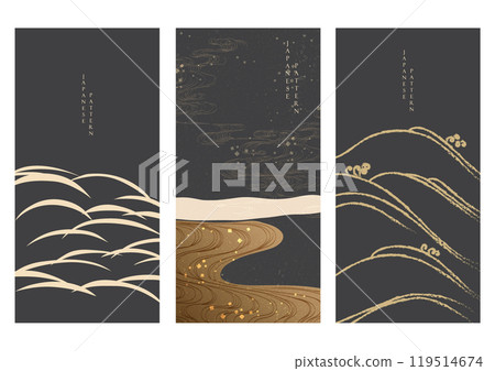 Abstract art background in vintage style. Chinese new year banner and card design. Hand drawn wave with Japanese pattern vector. Contemporary shapes in vintage template 119514674