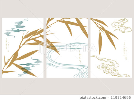 Japanese template with bamboo leaves with cloud and wave vector. Abstract background illustration. Watercolor texture banner in vintage style. 119514696