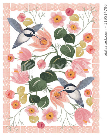 Vector illustration of flowers and little birds with frame. Picture for poster, postcard, and picture frame. 119514796