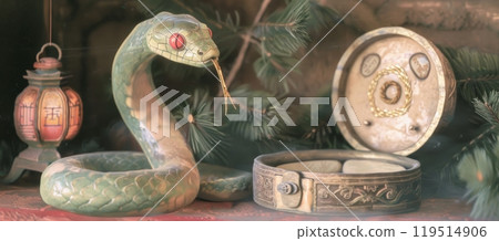 Vintage green ceramic snake figurine with red eyes and golden accents for holiday decor 119514906