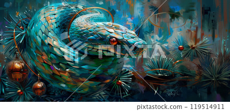 Mystical green snake with red eyes and golden scales in enchanted forest 119514911