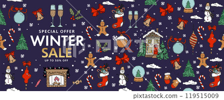 Christmas sale, pattern. Hand drawn illustration.	 119515009