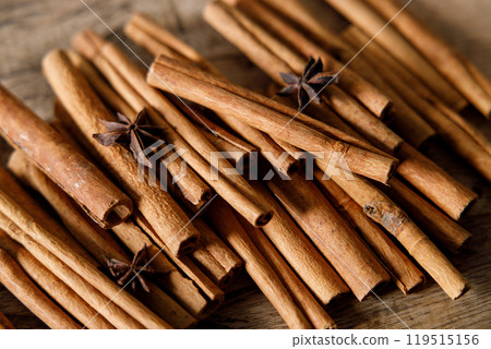 cinnamon sticks on wooden background 119515156