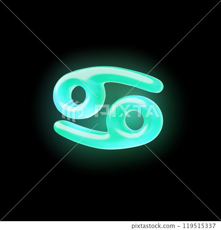 3D cancer zodiac sign, neon aquamarine color glowing horoscope symbol on dark, vector volume astrological design element 119515337