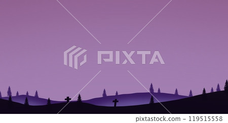 Cemetery in hill. Halloween background with trees, tombstones and fireflies. Halloween purple, violet template. 119515558