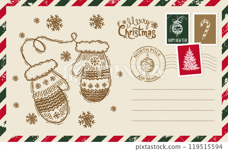 Postcard, Christmas mail, hand drawn illustration.	 119515594