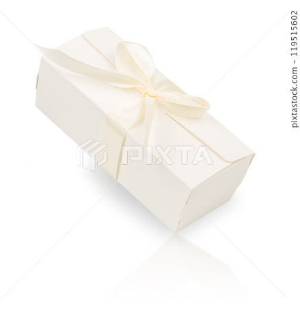 white gift box with bow isolated on white background. Holidays present. top view clipping path included 119515602
