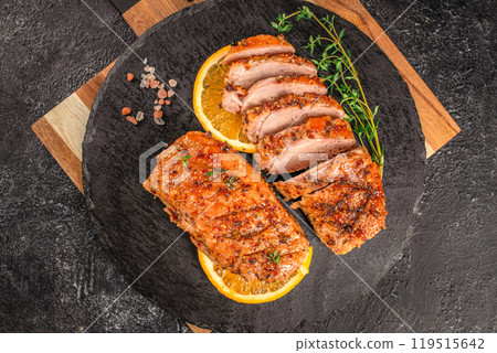 Roasted duck breast with thyme. Thanksgiving dinner. top view. copy space 119515642
