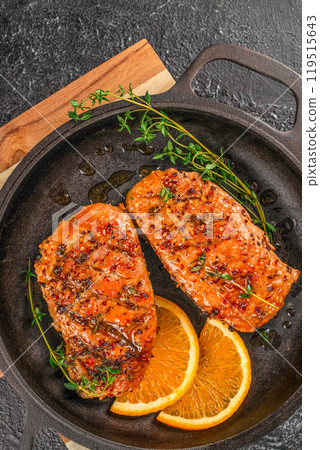 Roasted Duck breast with oranges and thyme. Thanksgiving dinner. top view Roasted Duck breast with oranges and thyme. Thanksgiving dinner. top view 119515643