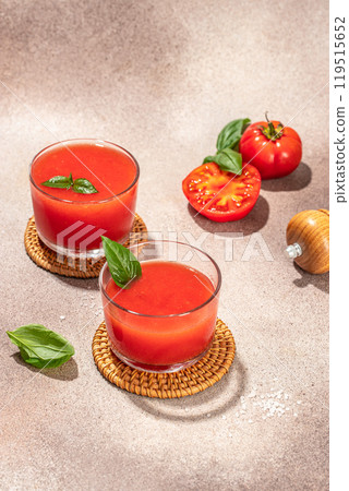 Vegetable tomato drink. organic healthy products. Detox and clean diet concept. place for text, top view 119515652
