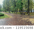 Peaceful park pathway with benches and autumn leaves, showcasing a serene and tranquil atmosphere. 119515698