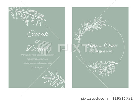 Olive Save the date Wedding Card Template with Olive Branches and fruits Wreath. Hand drawn Vector floral Illustration in white and pale green colors. Minimalistic style. Olive Save the date Wedding Card Template with Olive Branches and fruits Wreath. Hand drawn Vector floral Illustration in white and pale green colors. Minimalistic style. 119515751