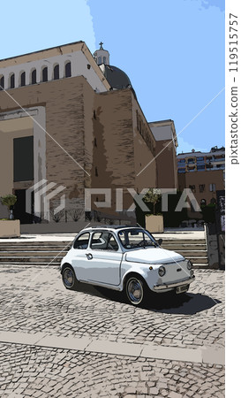 An antique car parked in front of a cathedral in Naples. 119515757