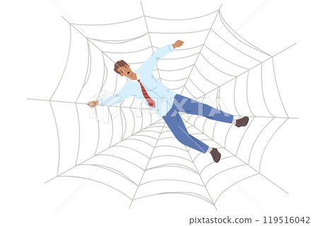 Trap for business man in form of cobweb symbolizes network of fraudsters want to steal money Trap for business man in form of cobweb symbolizes network of fraudsters want to steal money 119516042