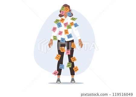 Importance of multitasking causes stress for business woman, with stickers on face and body 119516049