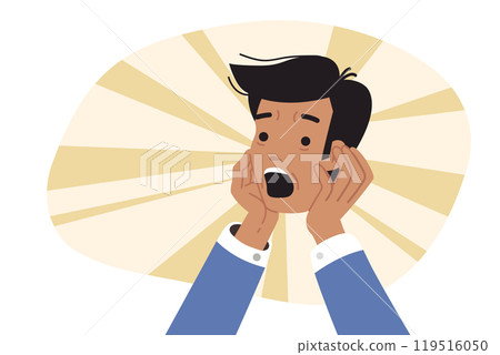 Head of shocked man in hands of business person, for concept of fear of uncertain future Head of shocked man in hands of business person, for concept of fear of uncertain future 119516050